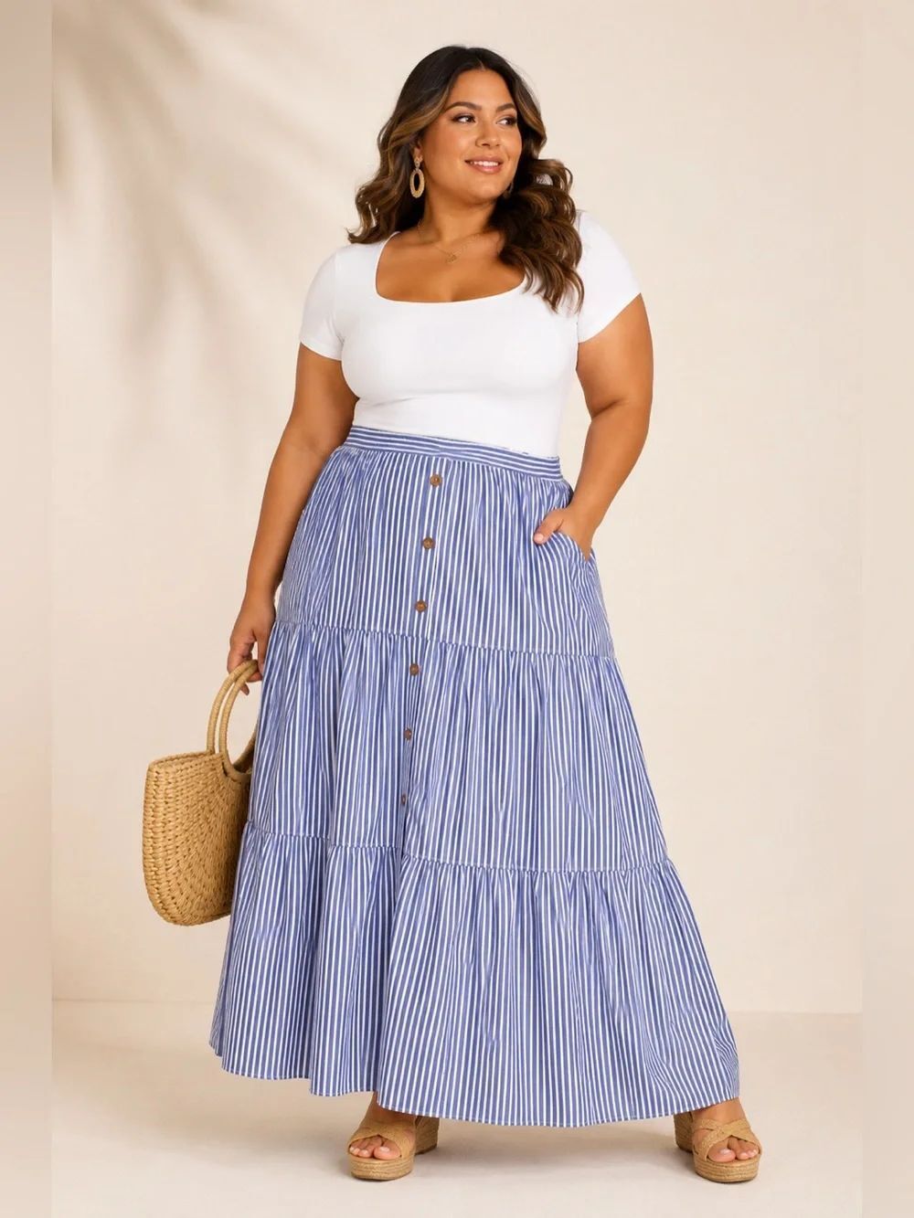Lane Bryant Plus Size 18/20 Blue White Striped Button Front Tiered Maxi Skirt 10